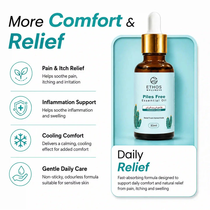 Piles Free Essential Oil - Relief from Pain, Itching and Swelling (30ml) - Ethos Wellness
